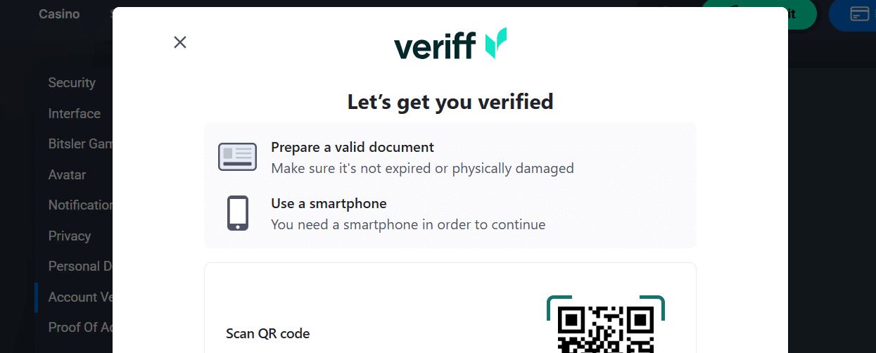 The start of the KYC form at Bitsler working from the Veriff platform