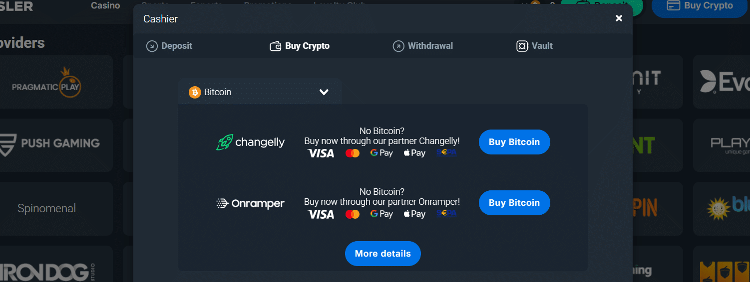 The buy-crypto tab in the payment window at Bitsler
