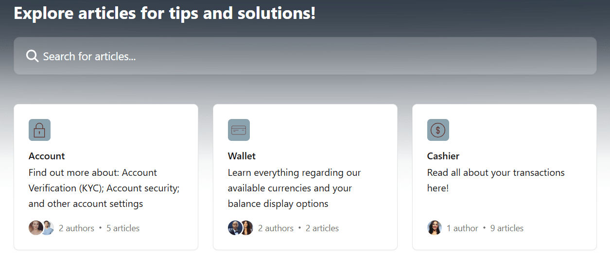 A section of the Bitsler help center, with a few of its general categories