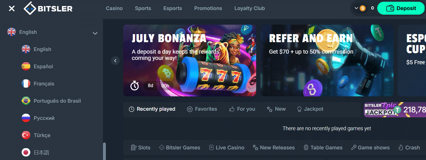 The UI language selector menu at Bitsler