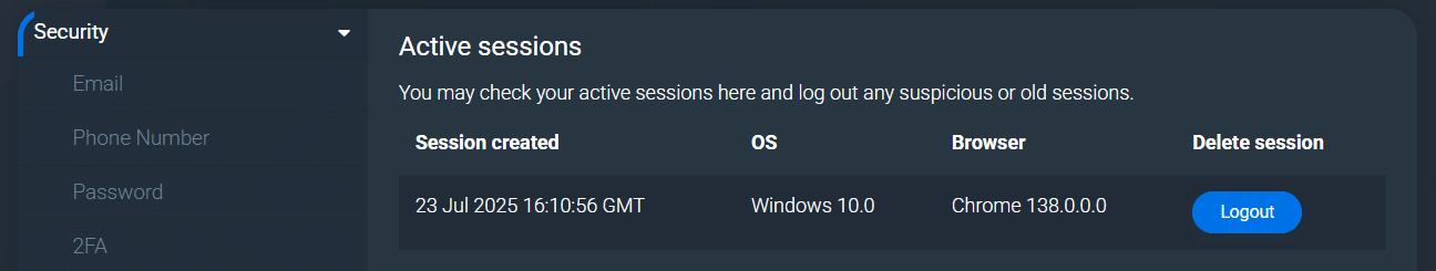 The session activity section of the Bitsler settings page