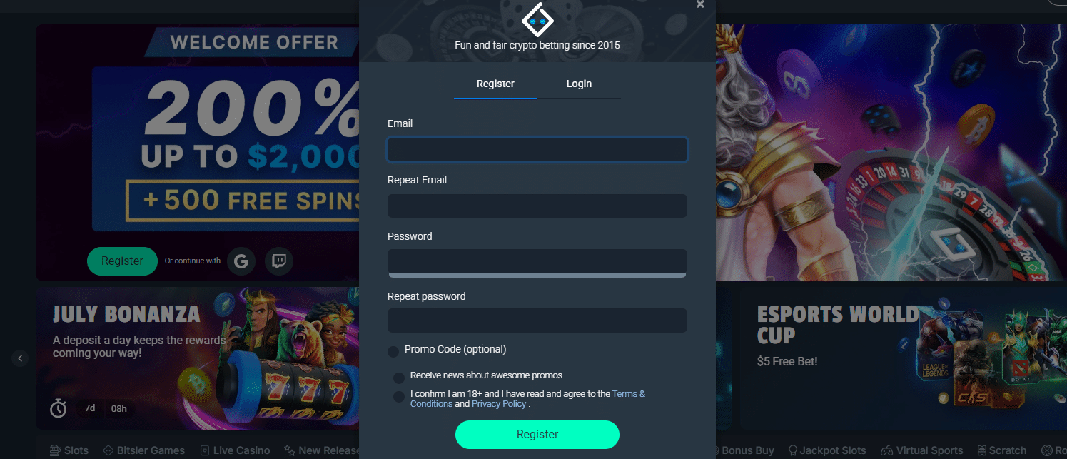 the Bitsler registration form for joining this site