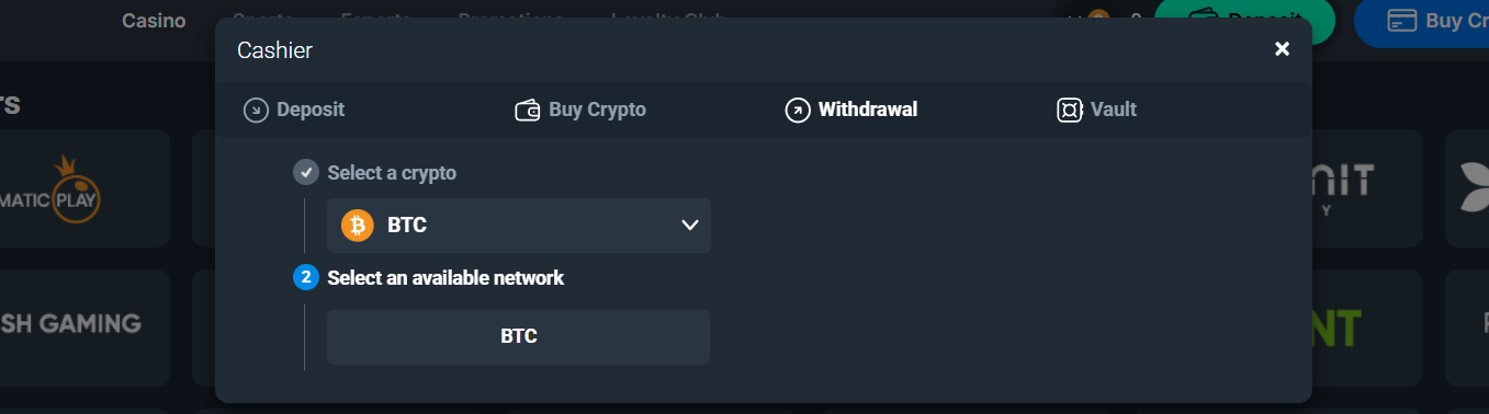 The withdrawal tab in the Bitsler payment window