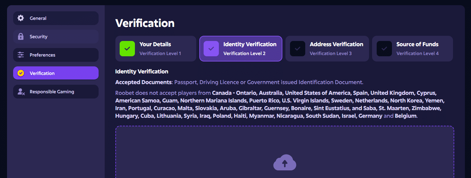 the kyc verification tab in the Roobet account settings page