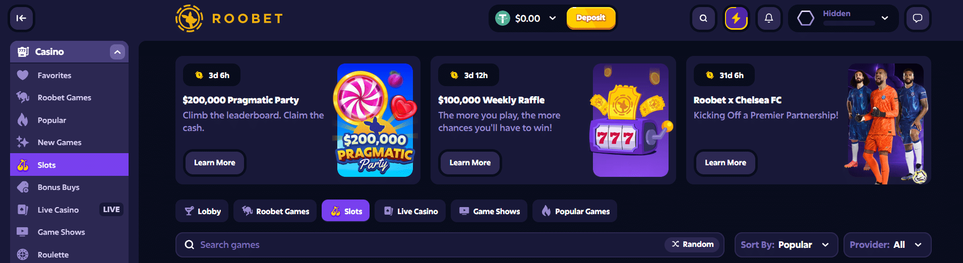 A sample of Roobet's UI in the casino lobby