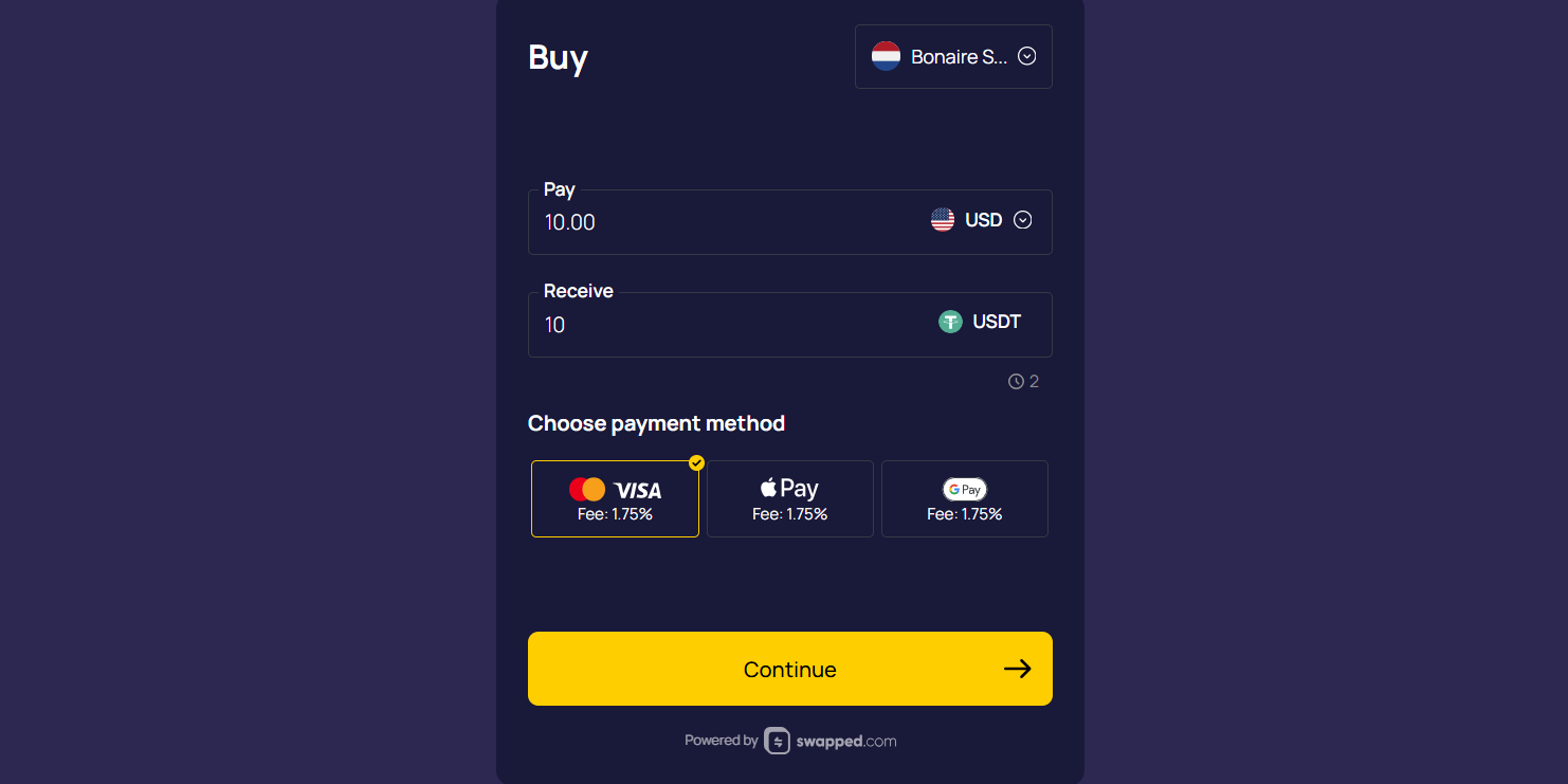 The buy crypto tab in the Roobet payment window