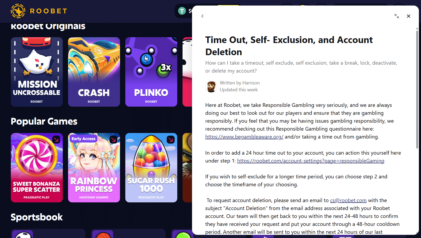 The Roobet help center with an article loaded