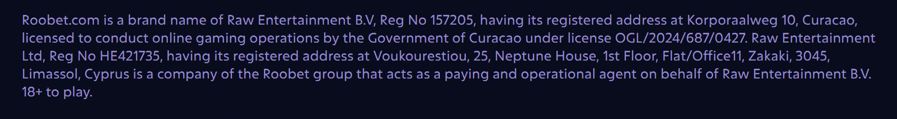The Roobet footer license info - Curacao regulation