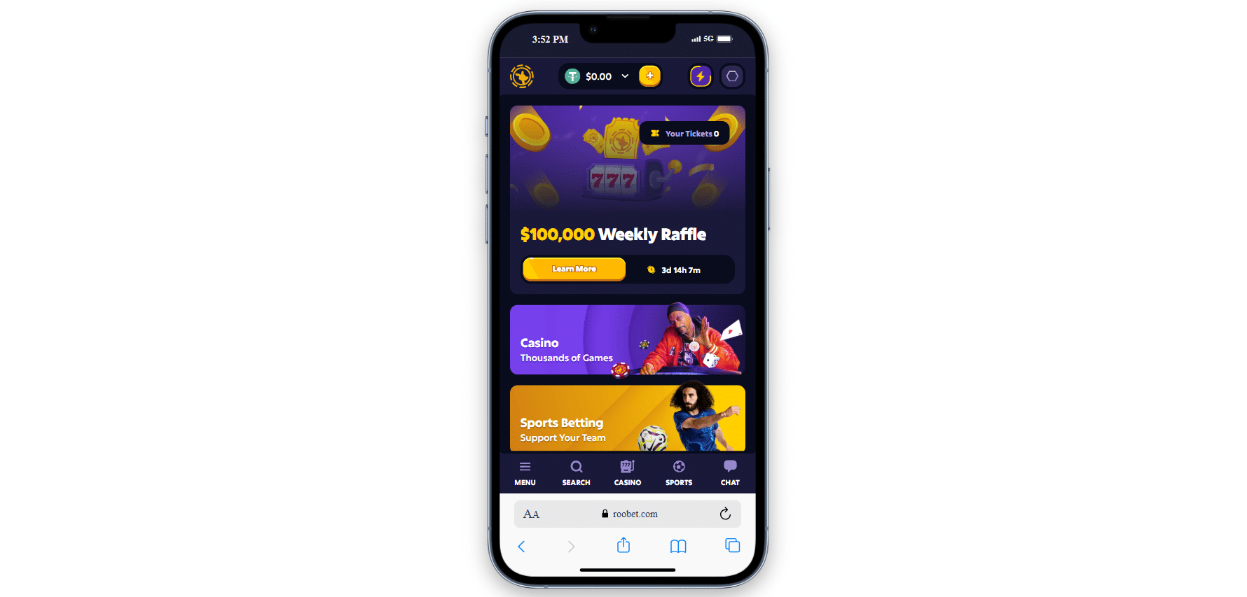 The mobile version of Roobet.com