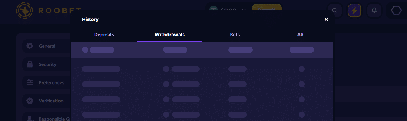 The transaction history tab in the Roobet profile page