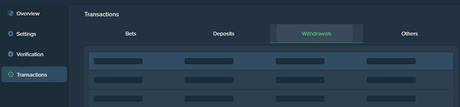 Your transaction history window at Duelbits casino and sportsbook