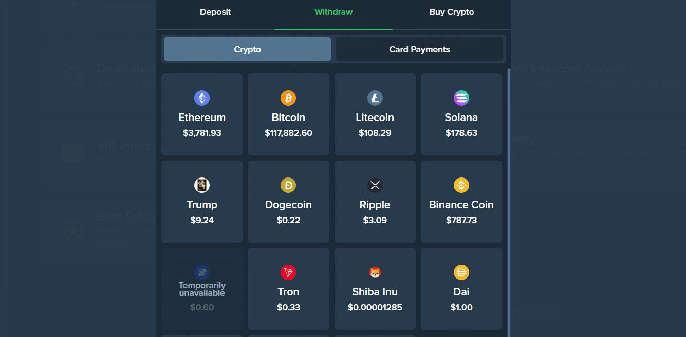 The Withdrawal tab of the Duelbits payment window