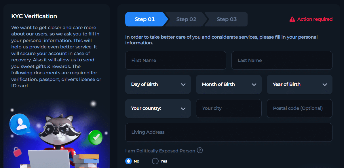 The account KYC verification page at BetFury listing all the KYC steps