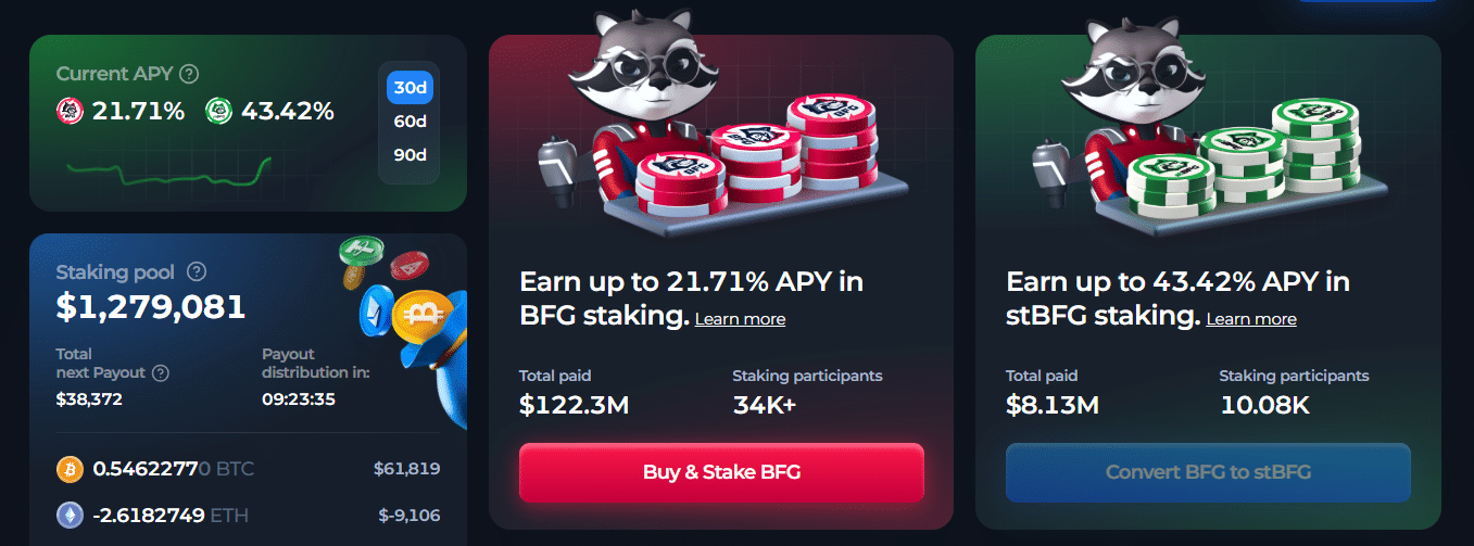 A panel for BetFury staking, earning passive income via the BFG token