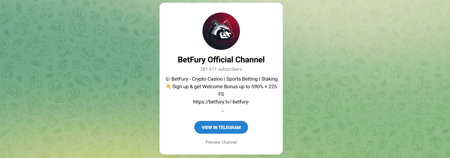A screenshot of BetFury's official Telegram page, its main one