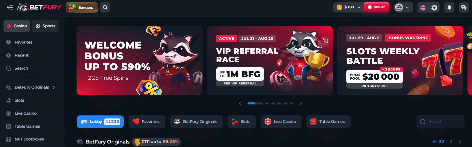 An example of some of the user interface option in the BetFury casino lobby