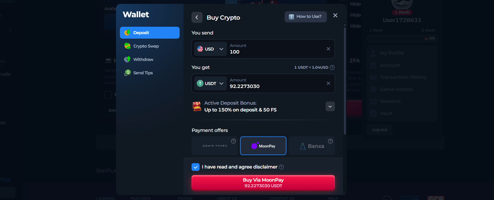 The BetFury buy crypto page where you can get digital coins with fiat payment methods