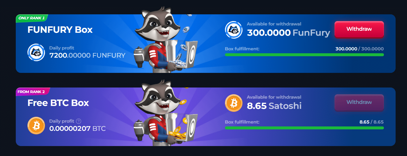 The box promos at BetFury, the site's faucet