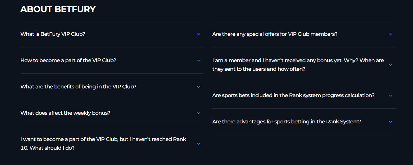 The VIP Club BetFury FAQ section