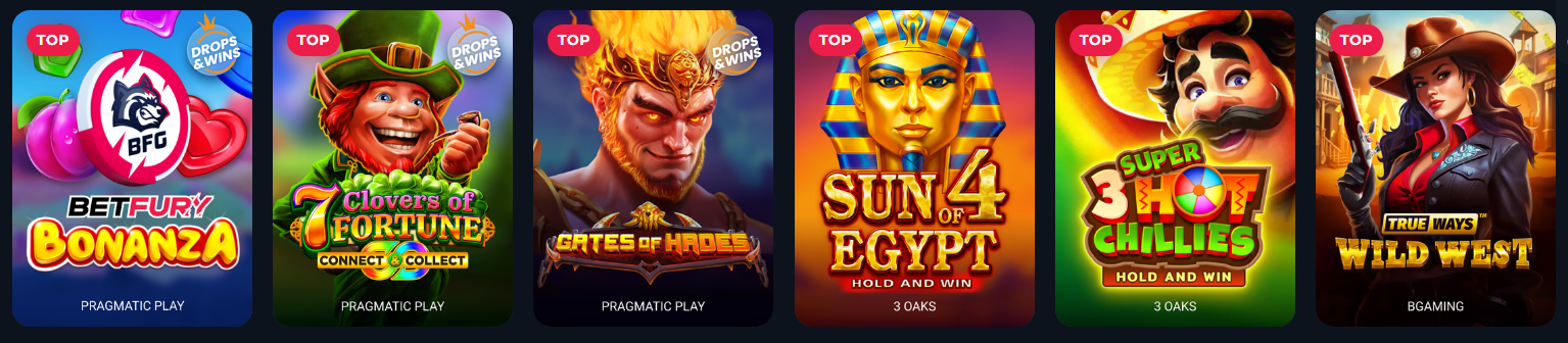 A few of the most-played games at BetFury casino when we reviewed this site