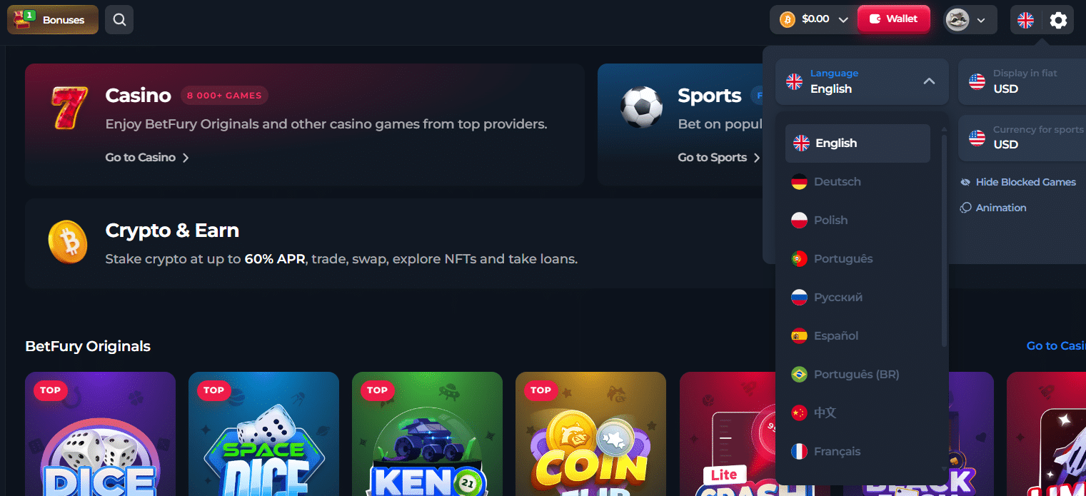 The UI language selection menu at BetFury casino
