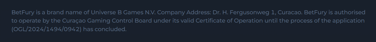 The license number for BetFury under which it is licnesed in Curacao
