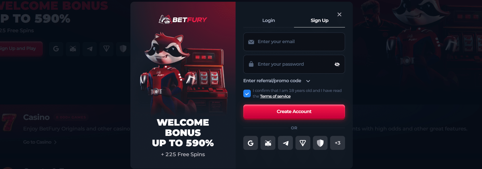 The BetFury regisrtation form for account creation