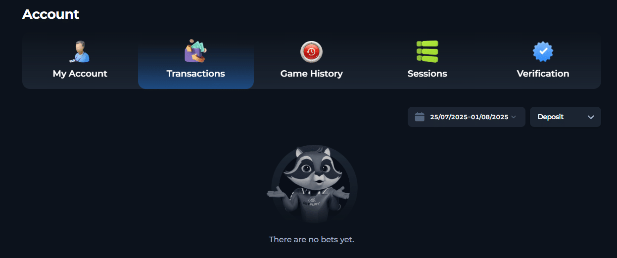 The BetFury transaction tab in the user profile options