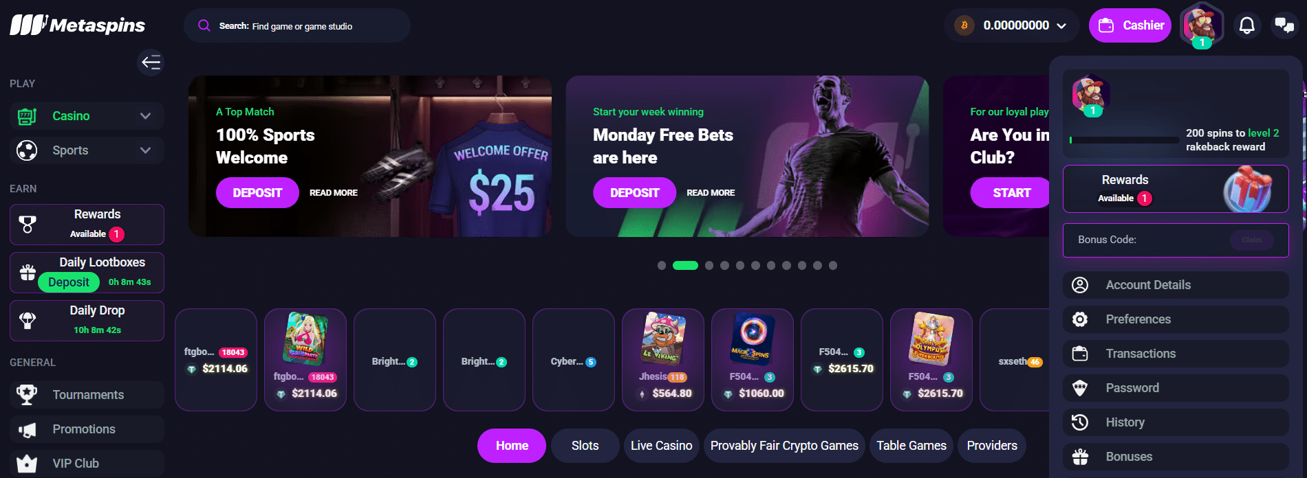 A sample of the Metaspins user interface with its primary options