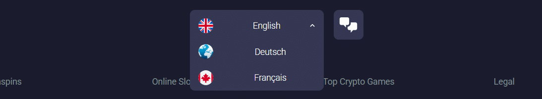 The user interface language selector on the Metaspins footer