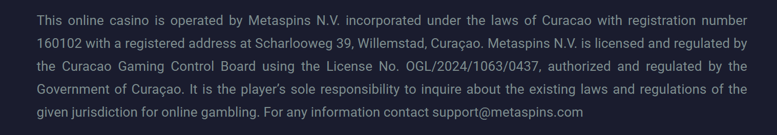 License info found in the Metaspins homepage footer