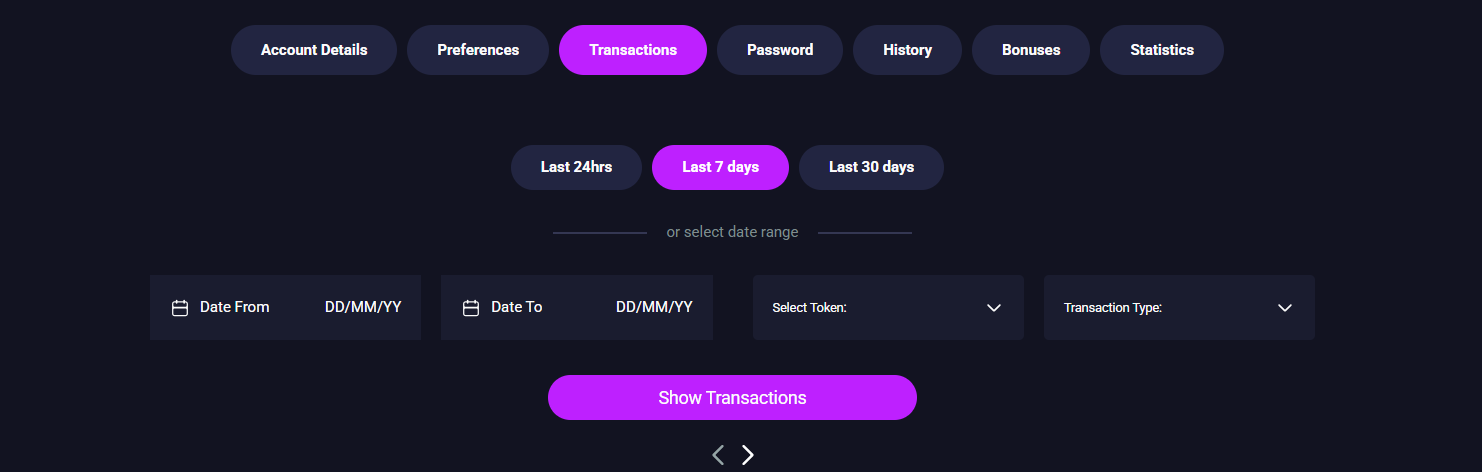 The history transaction tab that give insights in all past Metaspins coin transfers