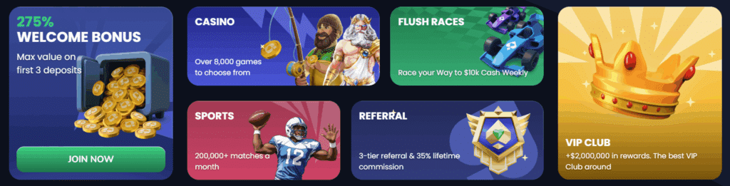 Bonus landing page for flush casino, including a welcome bonus, number of casino games, number of sports matches, referral program mention, the weekly flush races, and VIP club 