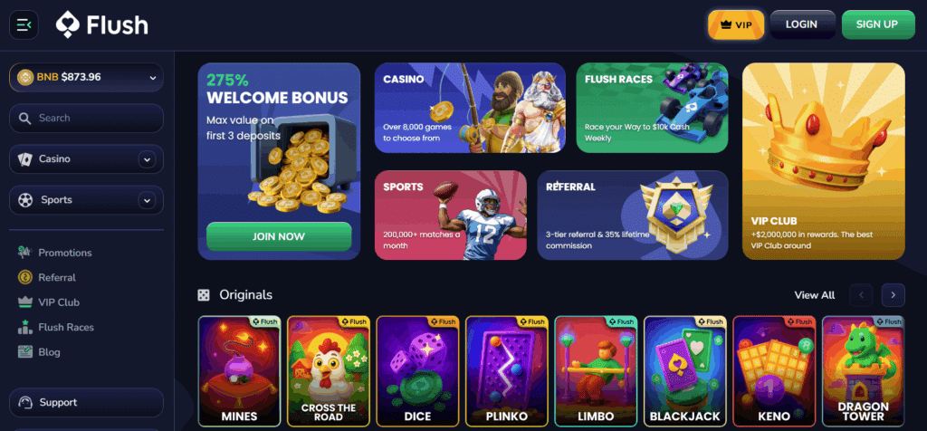 Flush.com landing page, with branding, filtering system, bonus advertisements, and the first set of originals games