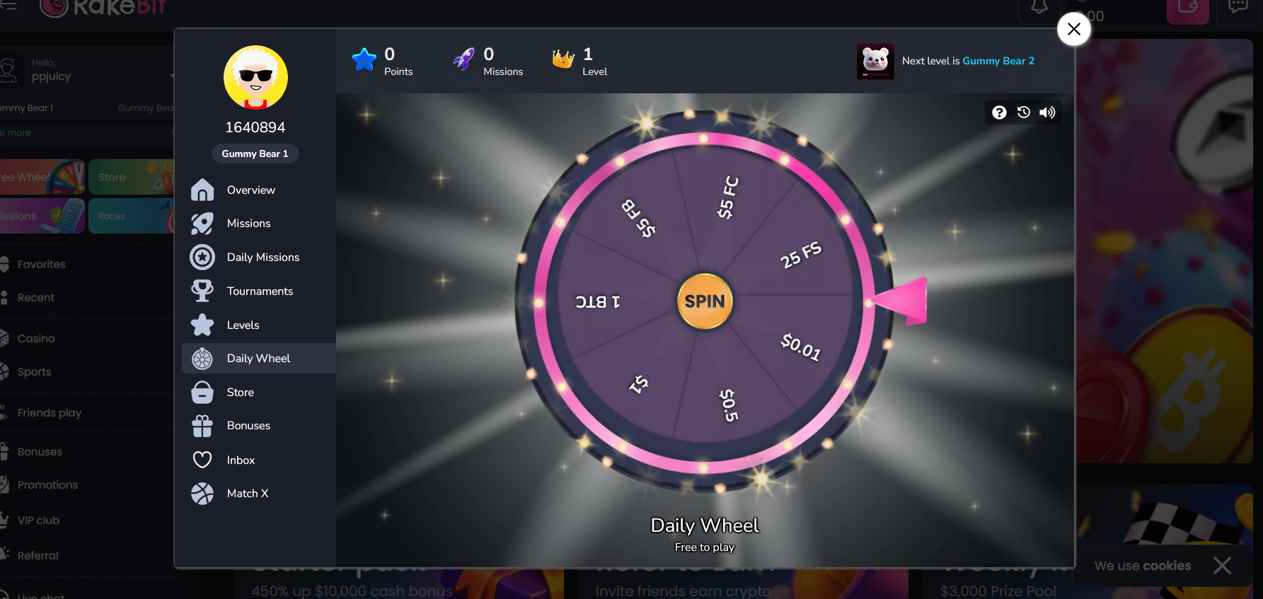 A shot of the daily wheel promo game at RakeBit