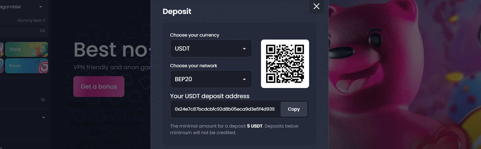 A view of the RakeBit payment window, its deposit tab