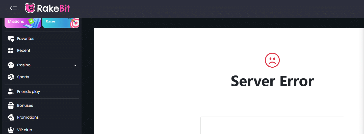 RakeBit Originals error page - crash