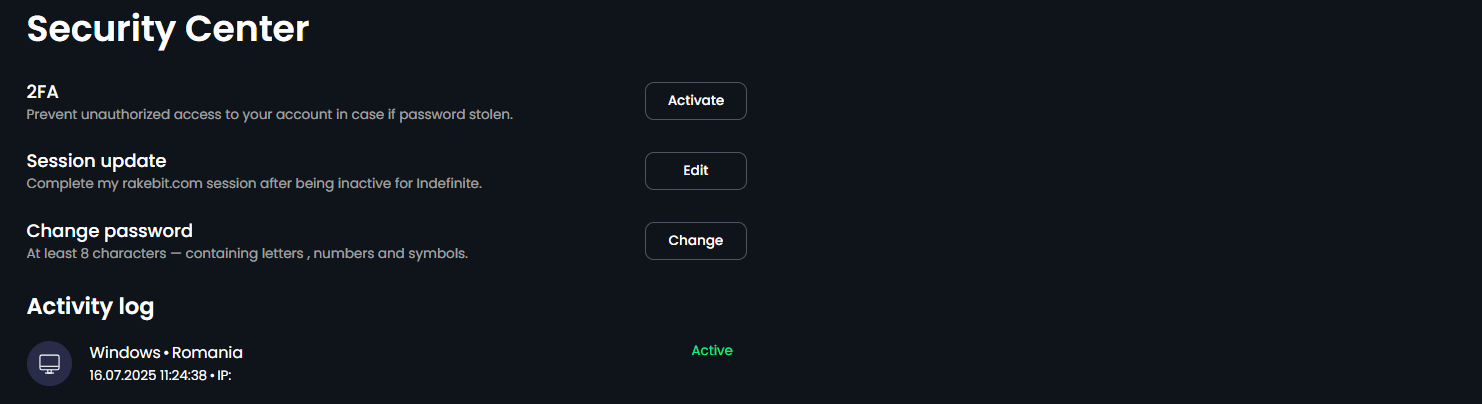 The security center at RakeBit, inside the profile page