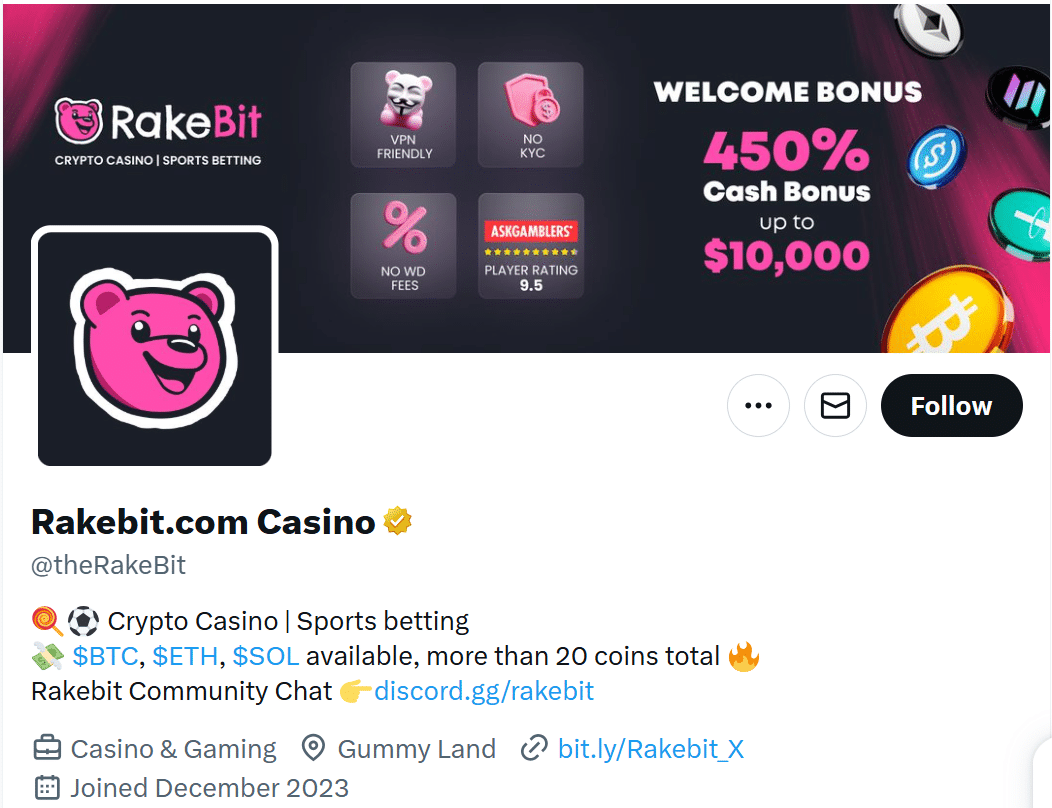 RakeBit's X page, the official brand profile