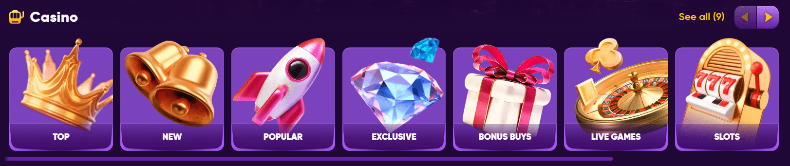 The game categories at Kingmaker casino in the sites game lobby