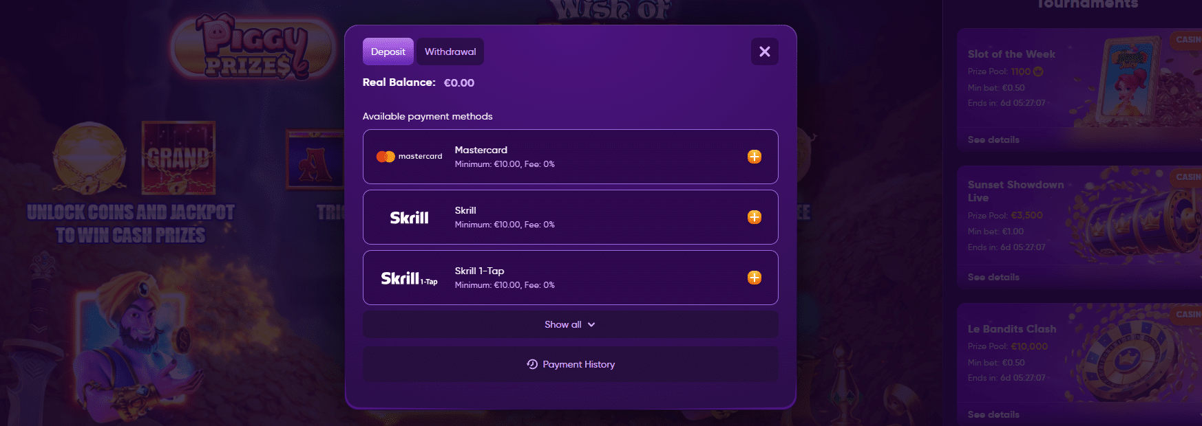 The deposit tab in the Kingmaker payment window