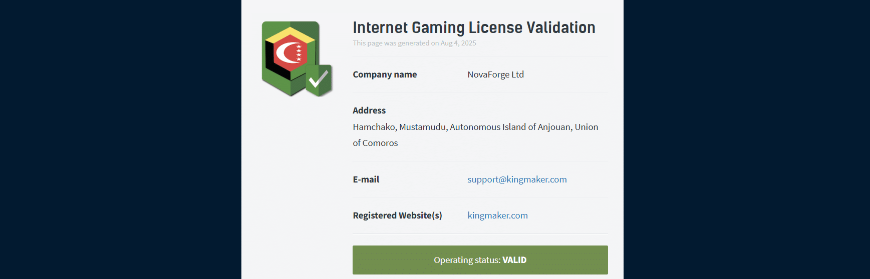 The Anjouan license for Kingmaker casino