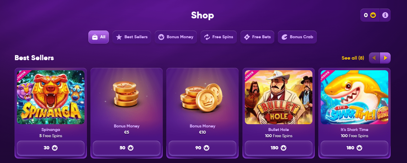 A screenshot of the Kingmaker site shop that sells rewards for on-site coins