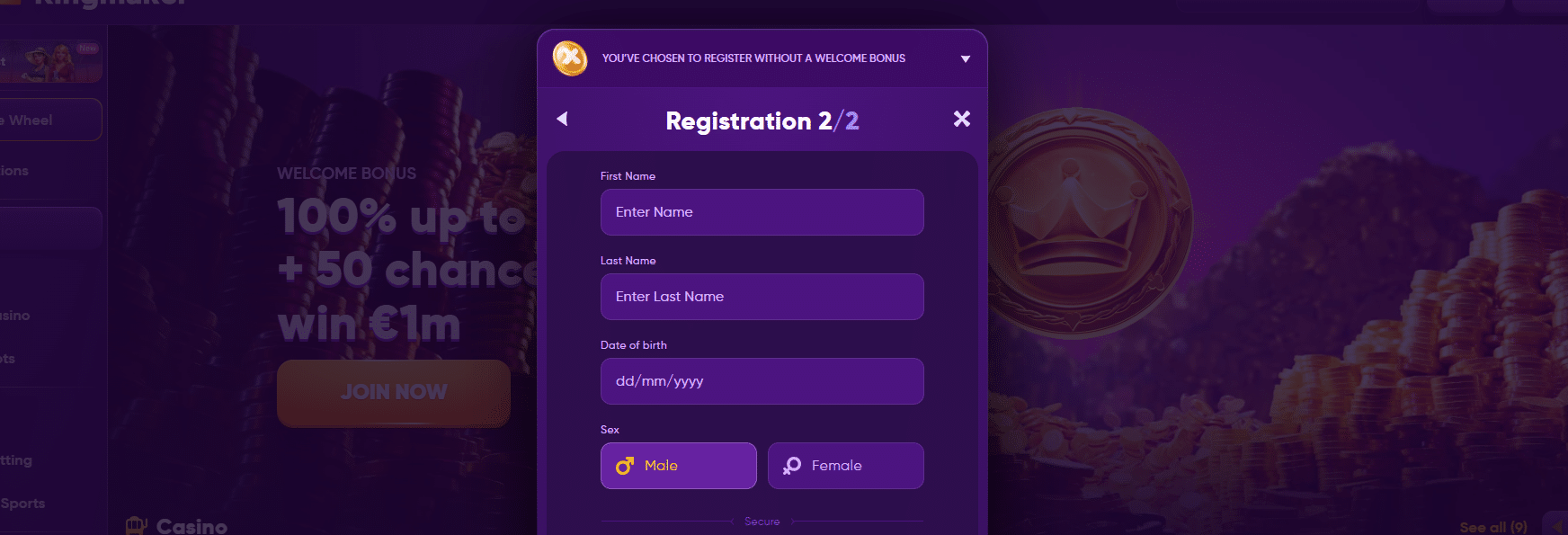 The registration form at Kingmaker hybrid casino