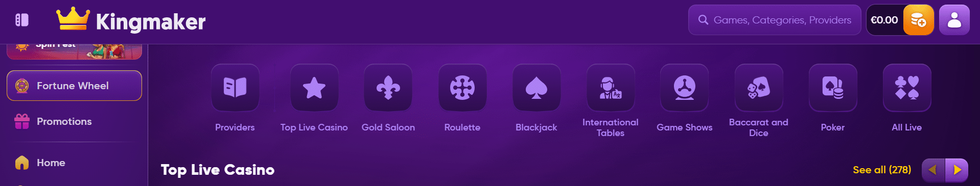 An example of the UI of the Kingmaker casino lobby