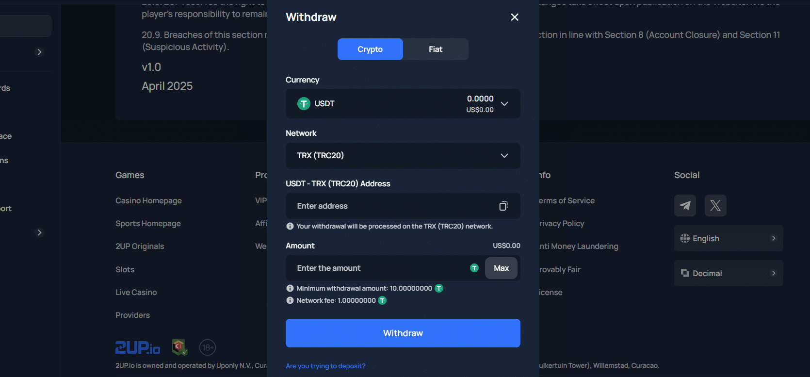 The 2UP casino payment tab, its withdrawal section