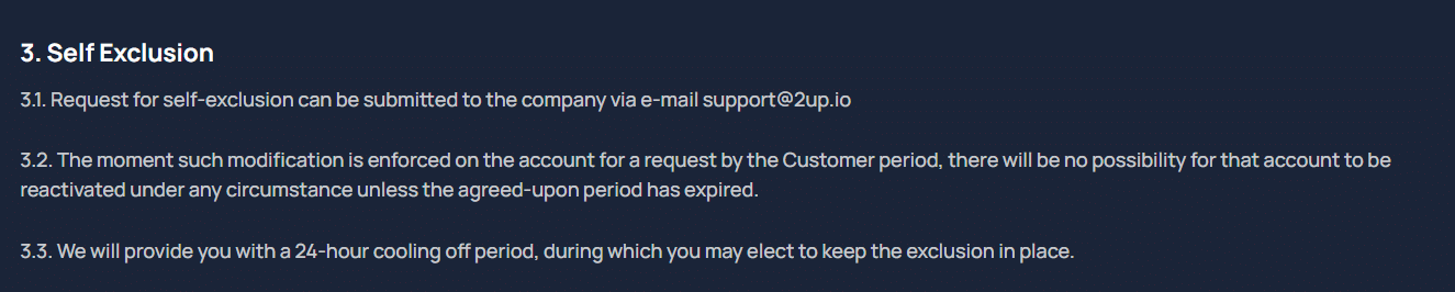 A section of the 2UP responsible gambling page - self exclusion