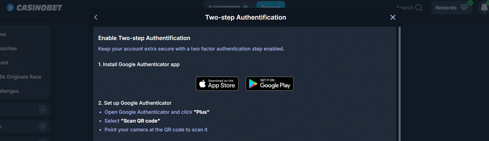 El panel de seguridad 2fa de CasinoBet