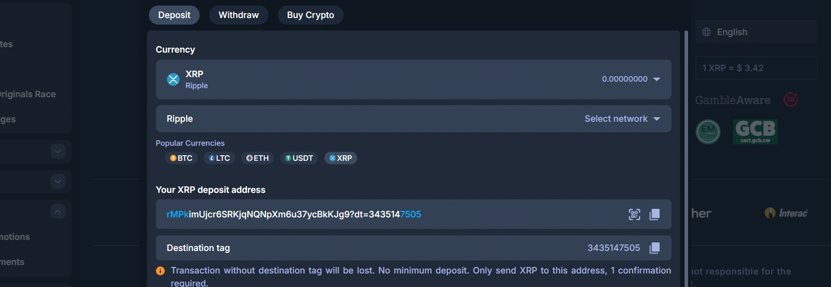 la pestaña de depósito de la ventana de pago de CasinoBet