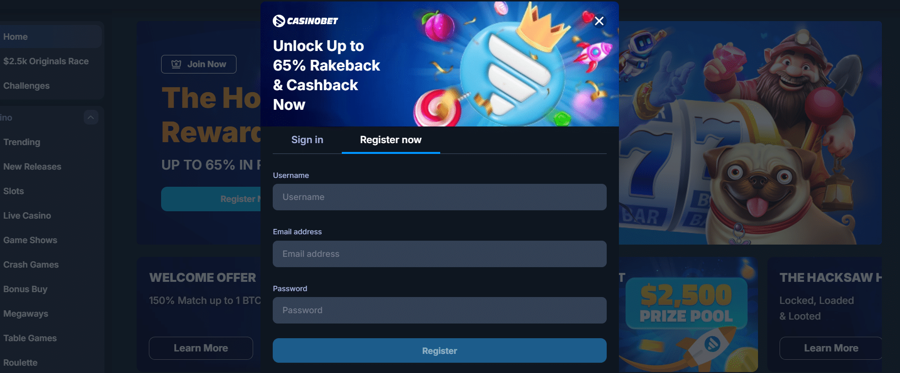 el formulario de inscripción de CasinoBet con toda la información de inscripción necesaria